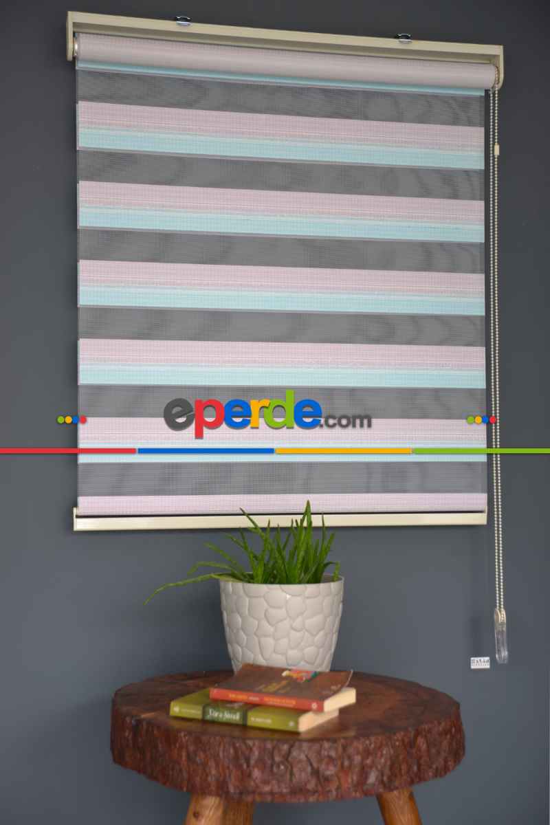 Halim Perdesan Zn-23 Gül Kurusu & Turkuaz Renk Etekli Veya Eteksiz Zebra Stor Perde