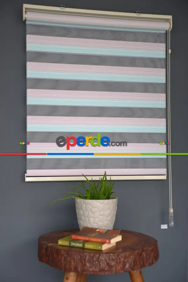 Halim Perdesan Zn-23 Gül Kurusu & Turkuaz Renk Etekli Veya Eteksiz Zebra Stor Perde