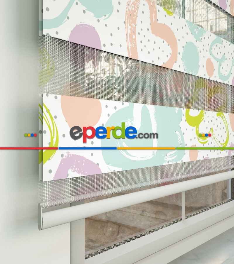 Çocuk Odası Zebra - Kalp Desenli Baskılı Zebra Perde- Çok Renkli