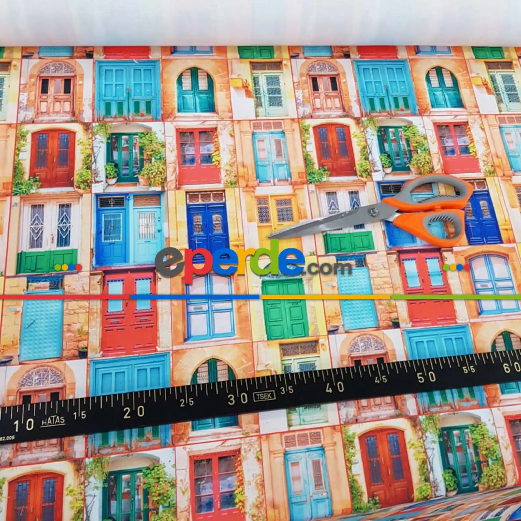 Renkli Kapı Desenli Fon Perde Evm1069 Kumaşı Kalındır Duck Bezi Değildir- Mavi-Turuncu-Kırmızı Açık