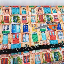 Renkli Kapı Desenli Fon Perde Evm1069 Kumaşı Kalındır Duck Bezi Değildir- Mavi-Turuncu-Kırmızı Açık