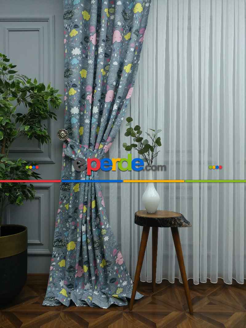 Bulut Ve Damla Desenli Fon Perde Evm680 Kumaşı Kalındır Duck Bezi Değildir- Siyah-Gri-Füme-Antrasit-Sarı