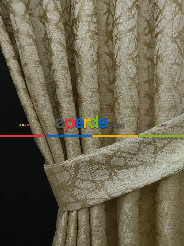 Salon Perdesi - Krem Desenli Jakar Fon Perde (geniş En:280 Kumaş)- Krem