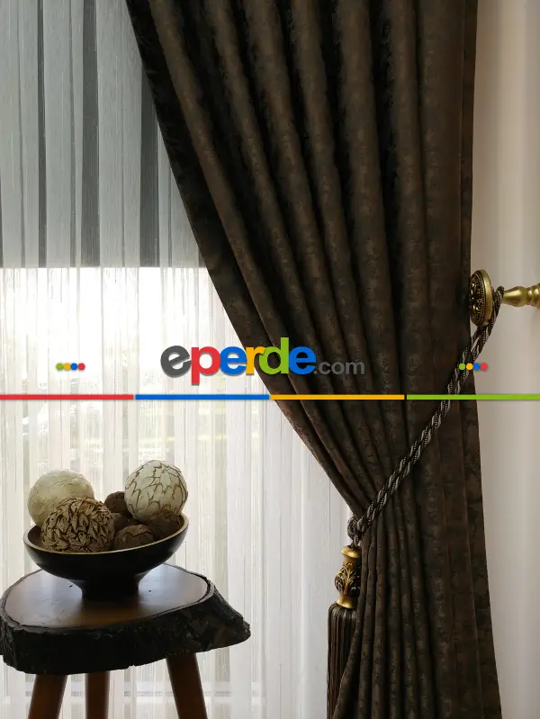 Patinedesenli Kahve Renk Jakar Desenli Fon Perde- Kahve