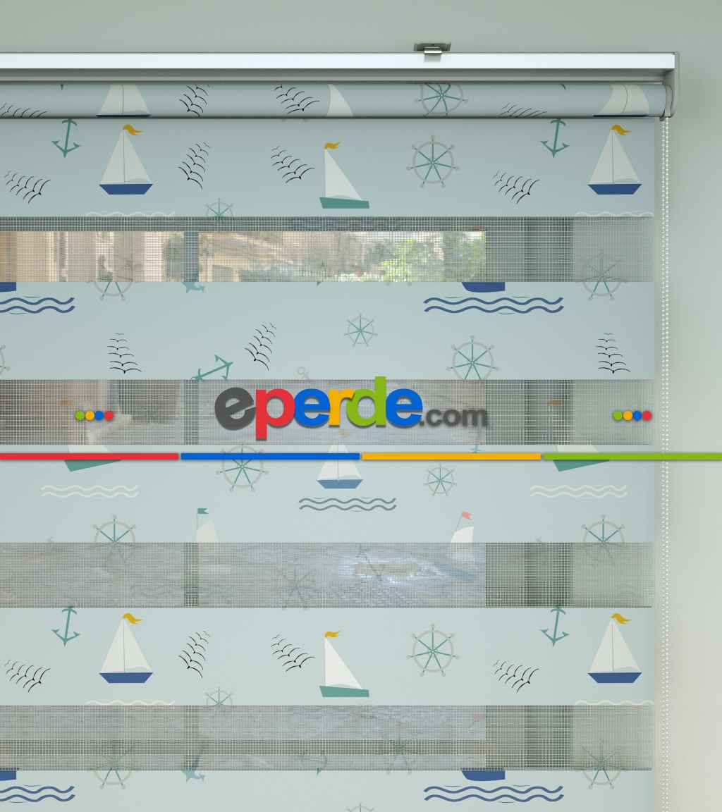 Çocuk Odası Zebra Perde - Gemi Desen Baskılı Zebra Perde- Çok Renkli