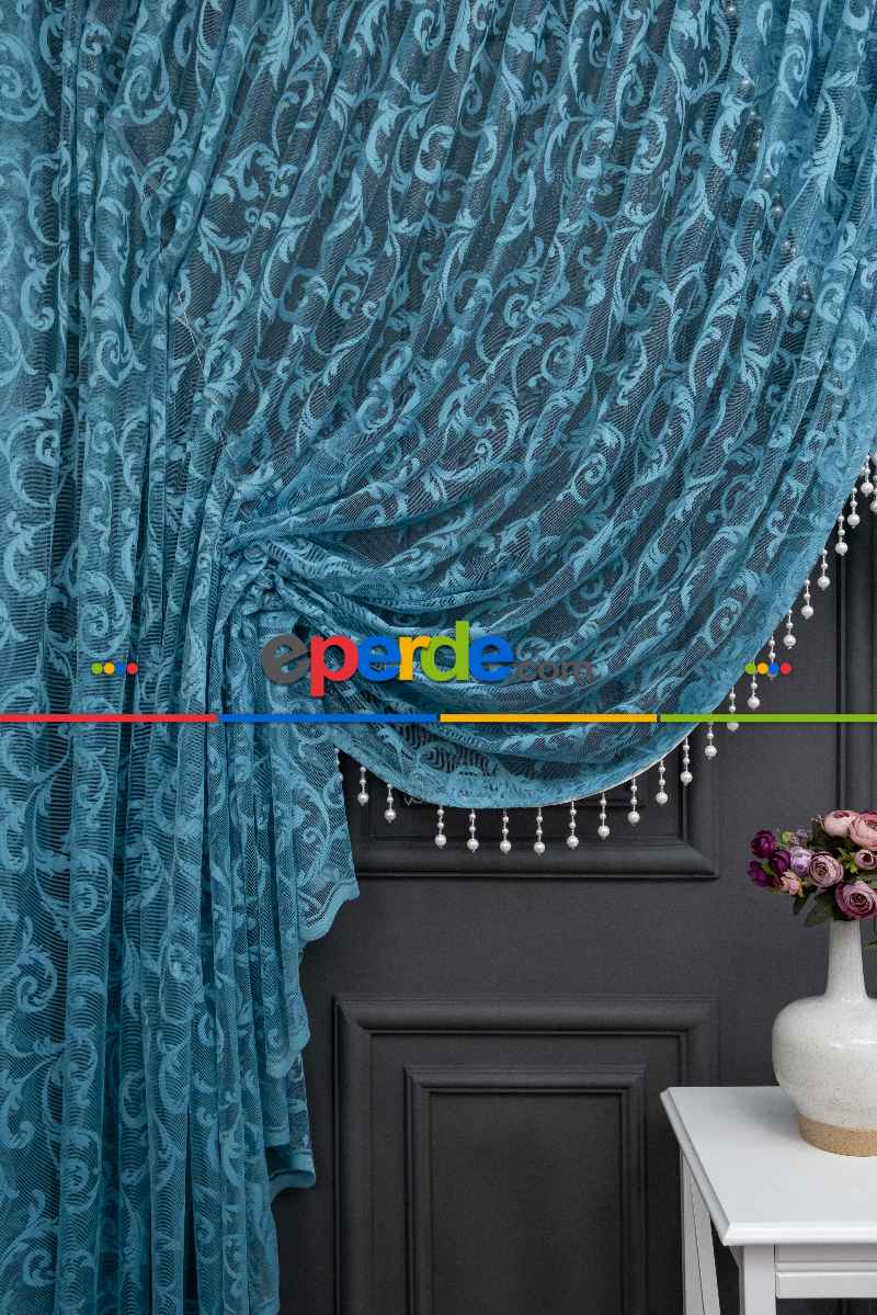 Petrol Mavi Sarmaşık Desen Tül Kruvaze Şal Tül Perde Yanki Tül - Düz Model Sipariş Seçeneği - Yatak Odası Tül