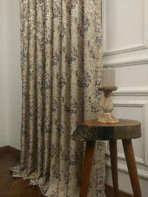 Salon - Desenli Jakar Fon Perde- Lacivert-açık Camel