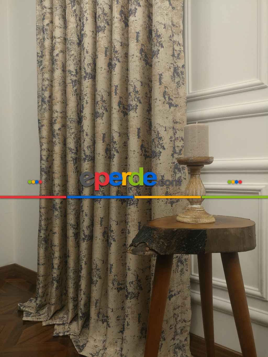 Salon - Desenli Jakar Fon Perde- Lacivert-açık Camel