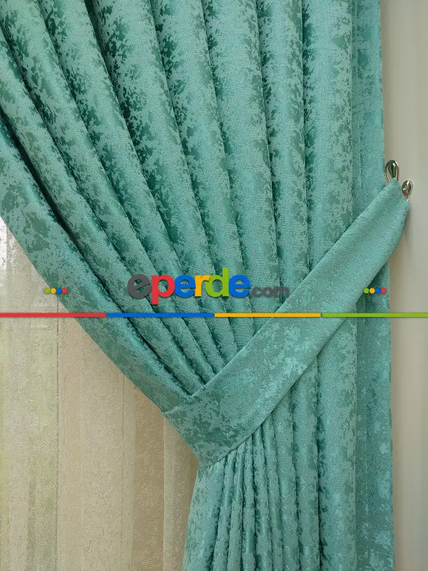 Mint Rengi Kendinden Desenli Jakar Fon Perde (285 En)- Mint