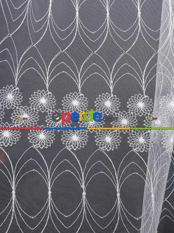 Şeritli Papatya Nakış İşlemeli Brode Tül Perde