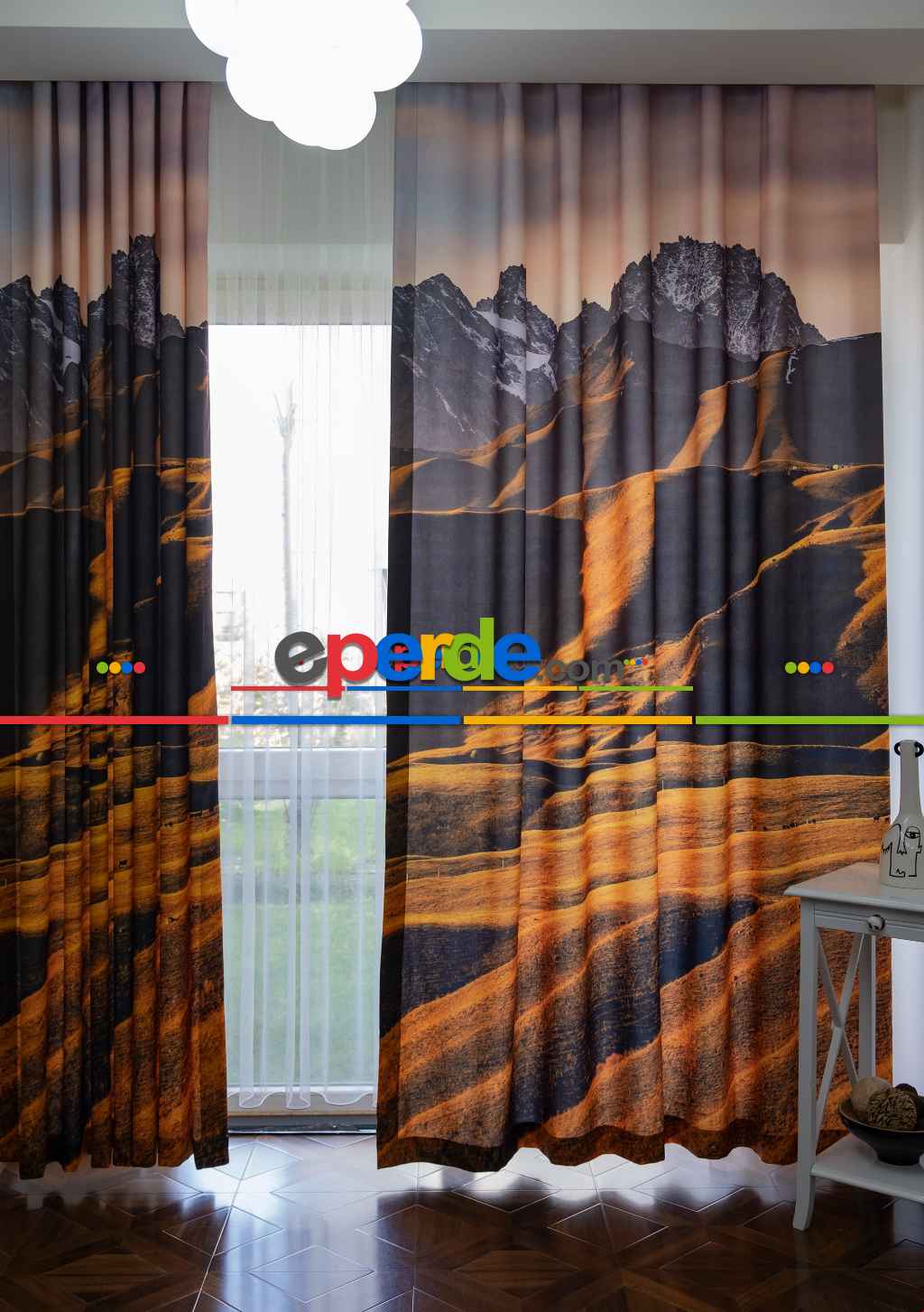 Hazır Ölçülü Dökümlü Kumaştan Dağ Ve Ova Manzaralı Baskılı Pilesiz Fon Perde 1. Kalite