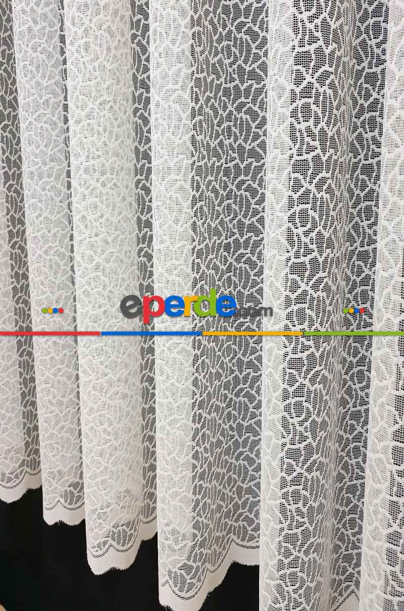 Desenli Tül Perde - Örme Tül - Geometrik Desenli Tül Perde - Beyaz