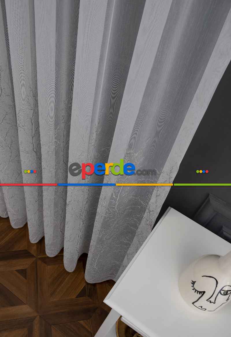 Gri Renk İşlemeli Geniş Etek Desen Selvi Model Ütü İstemez Kırışmaz Tasarım Tül