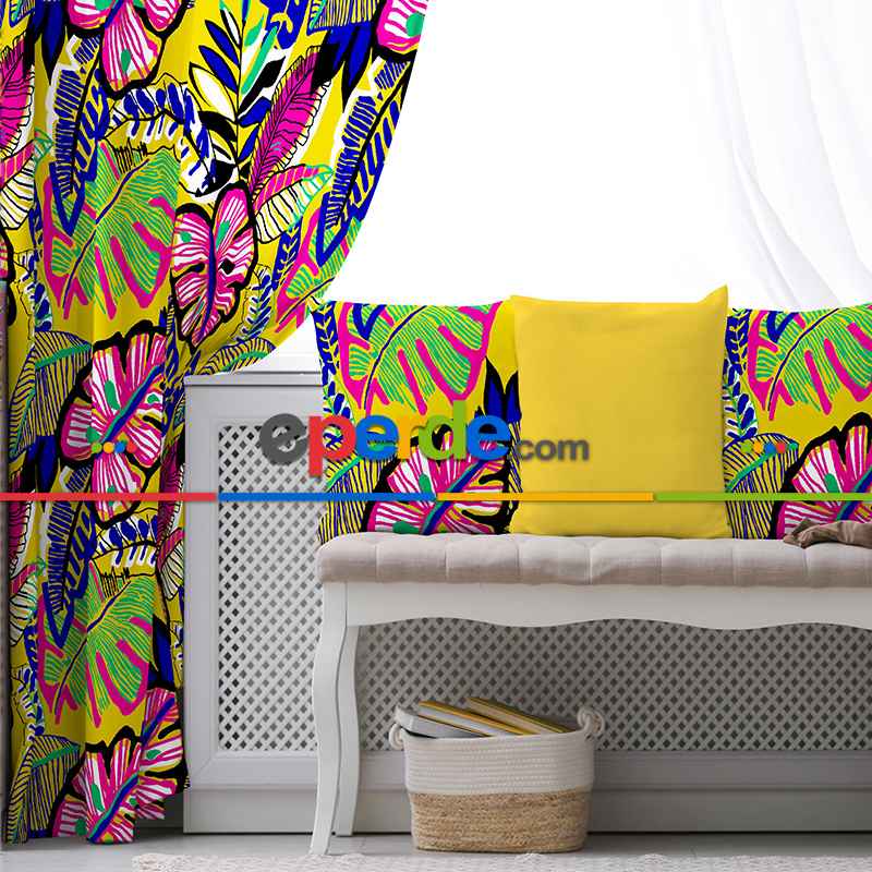 Tropikal Fon Perde Evim1555 Kumaşı Kalındır Duck Bezi Değildir- Mavi-beyaz