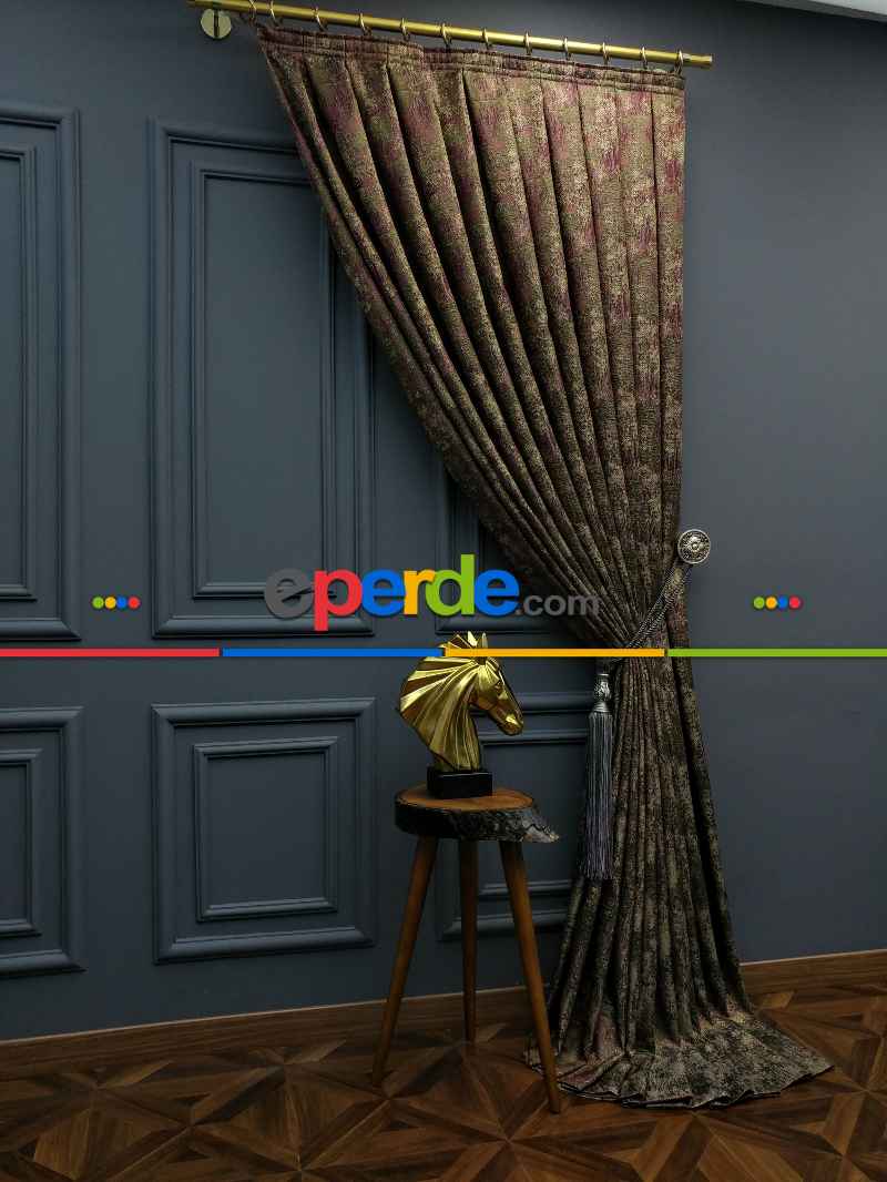 Oturma Odası - PatineDesenli Modern Desenli Jakarlı Fon Perde Yeni Seri 401- Bej-haki-mürdüm