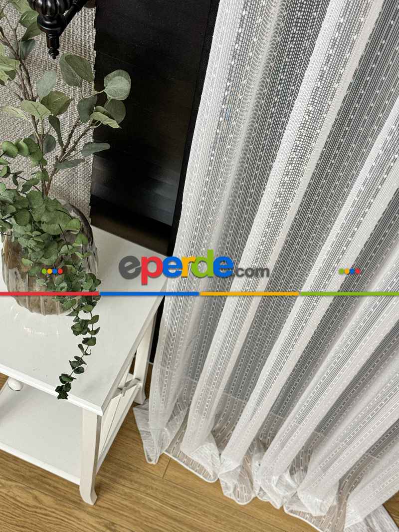 Mutfak Tül Çizgili Ponponlu Tül Perde - Ürün Videosu Açıklamada Vardır