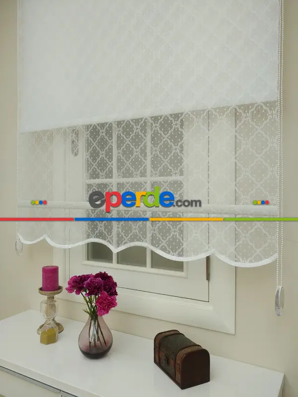 Jakar Örme Tül- Ekru Çiftli Sistem Dantel Desenli Perde- Ekru