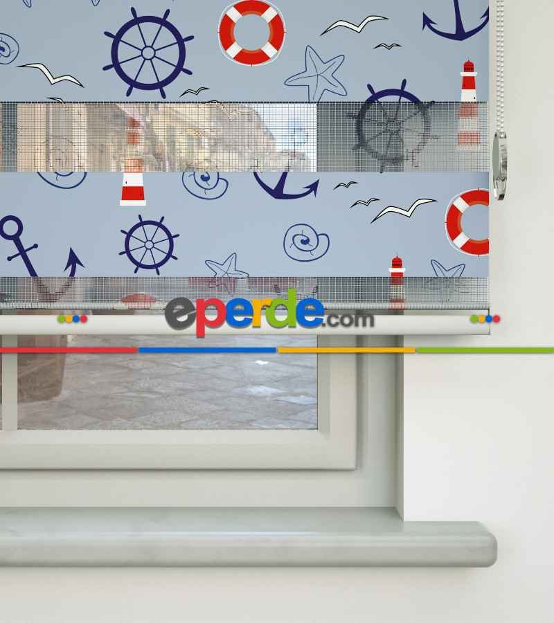 Çocuk Odası Zebra Perde - Denizci Desenli Baskılı Zebra Perde- Çok Renkli