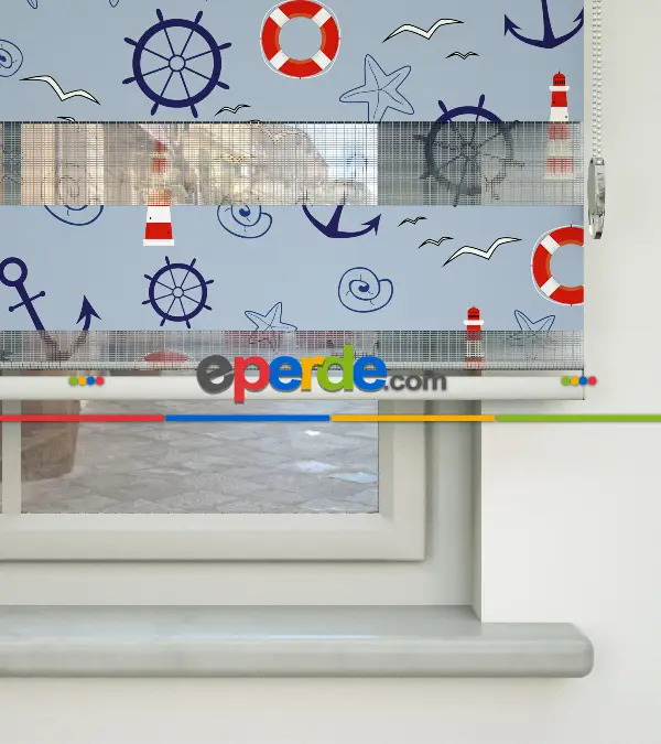 Bebek Odası Zebra Perde - Denizci Desenli Baskılı Zebra Perde- Çok Renkli