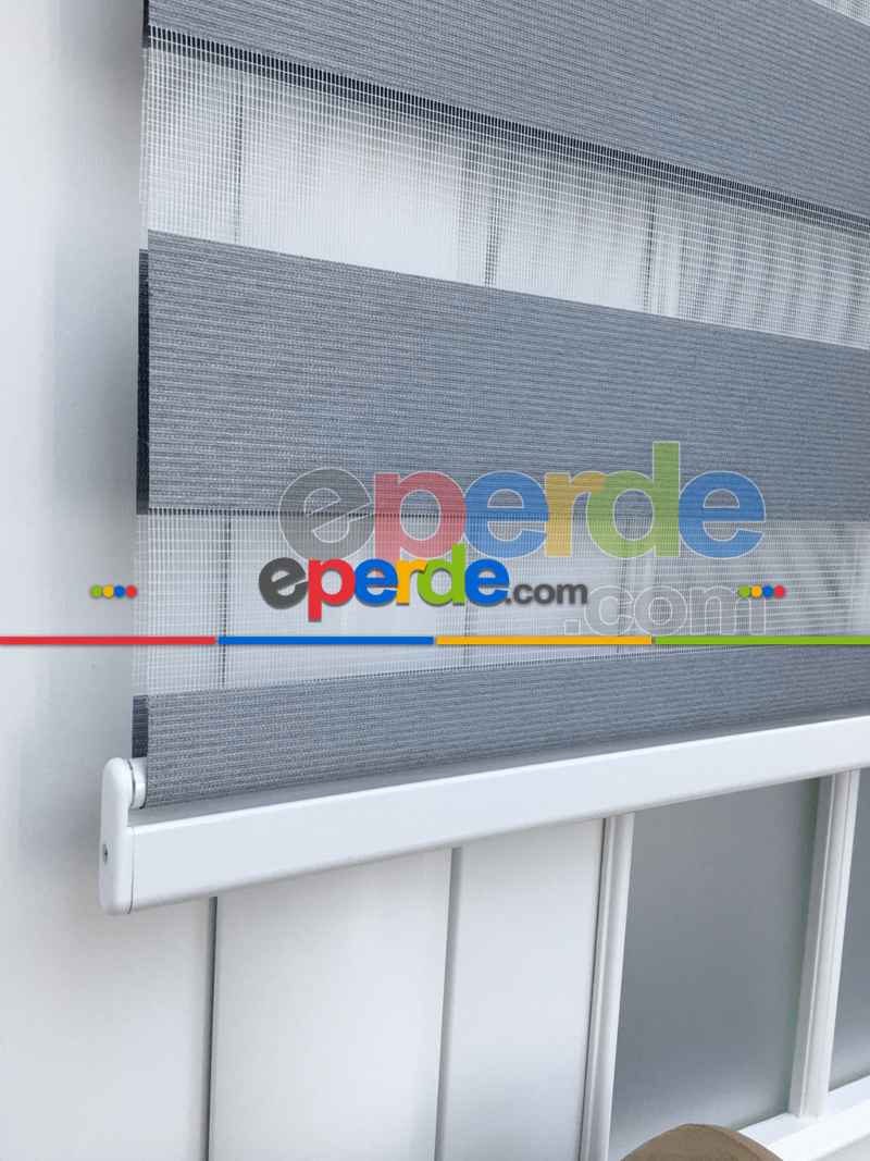 New Gri Düz Bambu Kalın Dokulu Zebra Perde- Füme