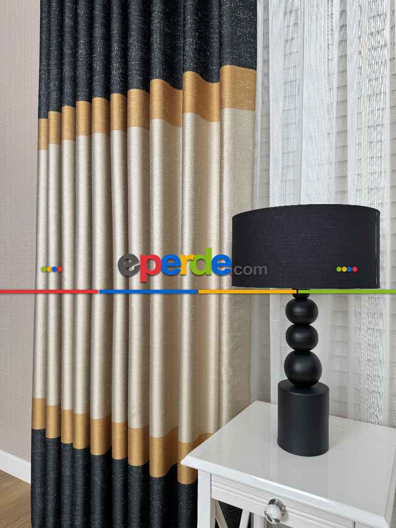 Koyu Antrasit Gri Turuncu Krem Jakar Dokuma Fon Perde, Parlak Zemin