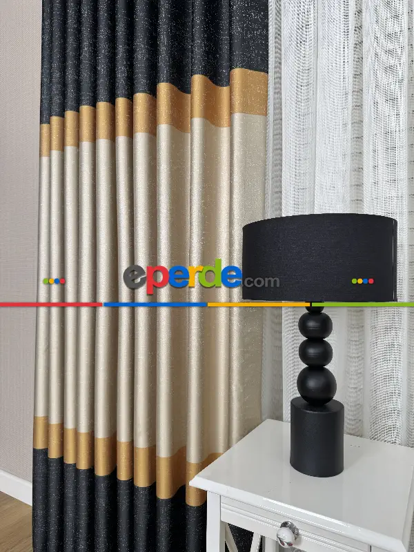 Yatak Odası - Koyu Antrasit Gri Turuncu Krem Jakar Dokuma Fon Perde, Parlak Zemin