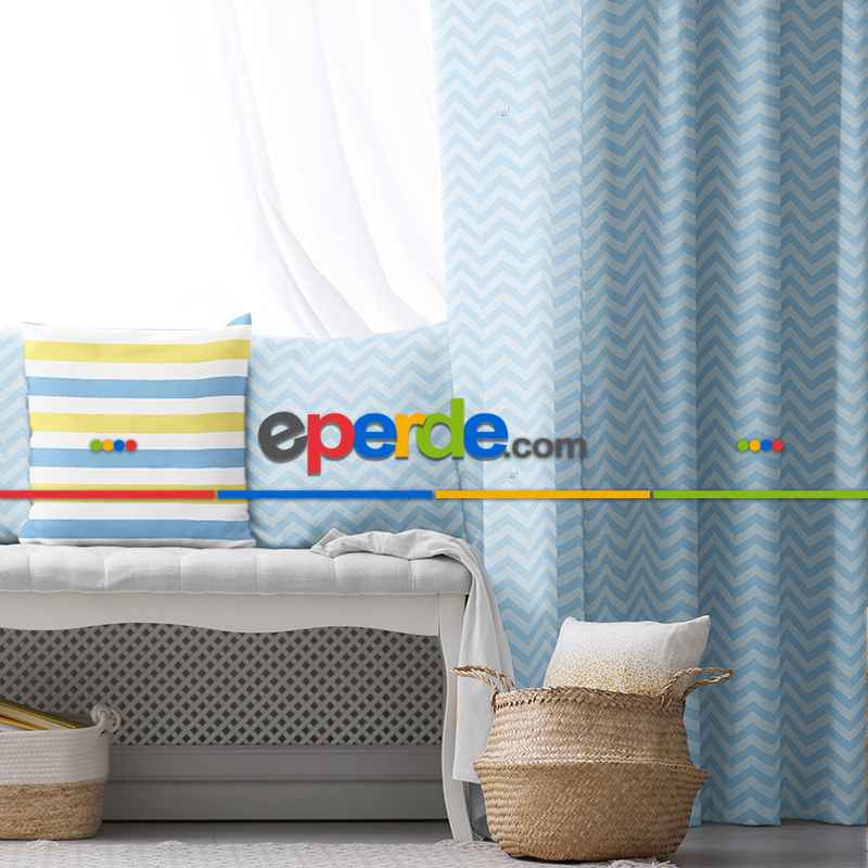 Çocuk Fon Perde Evim1616-4 Kumaşı Kalındır Duck Bezi Değildir- Mavi-beyaz