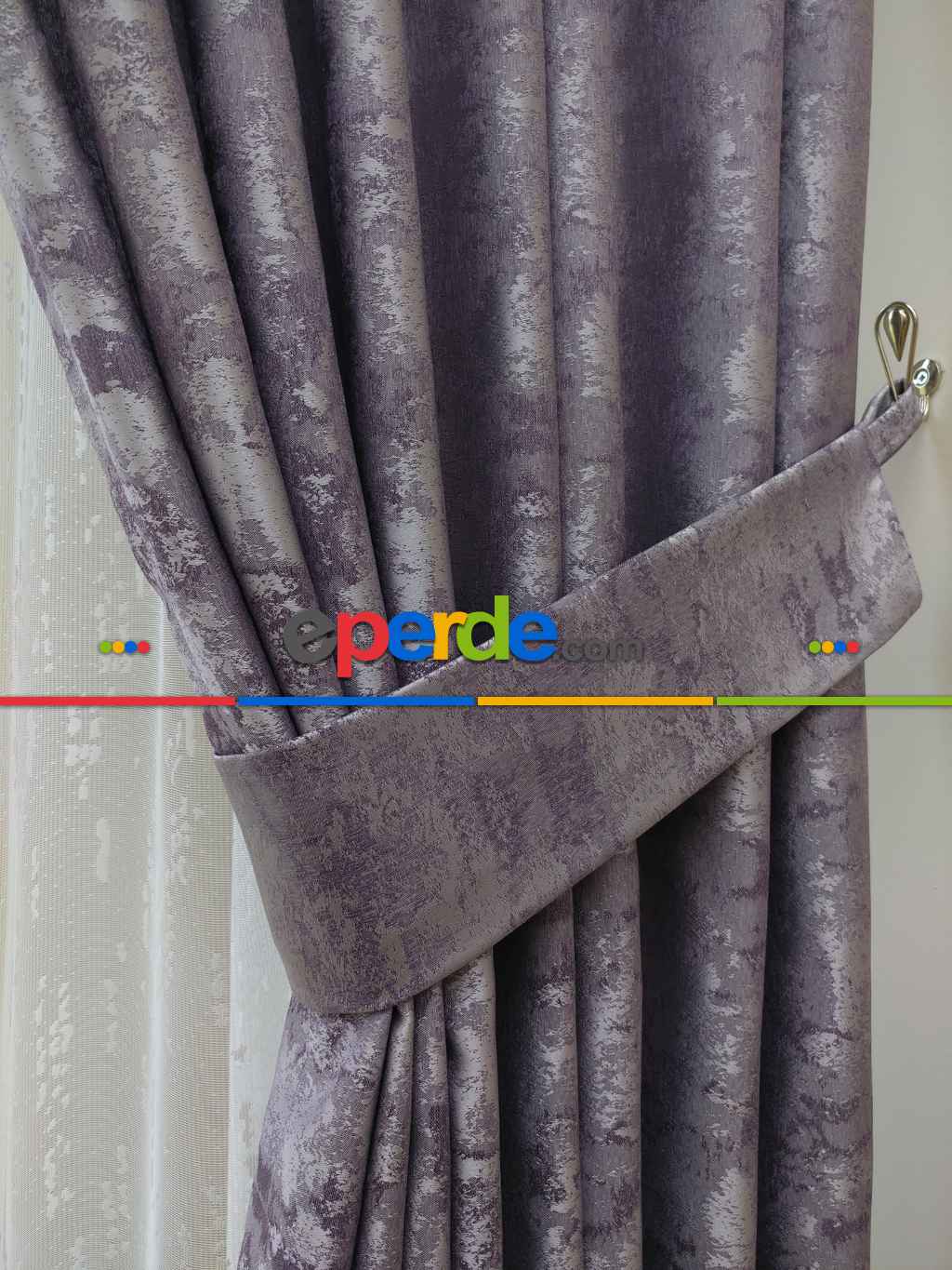 Patinedesenli Lila - Katyonik Jakar Fon Perde- Lila