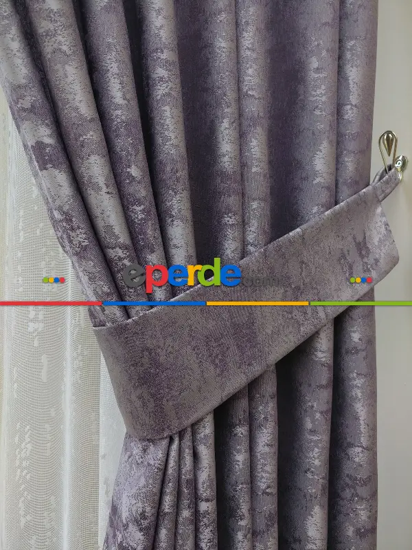 Patinedesenli Lila - Katyonik Jakar Fon Perde- Lila