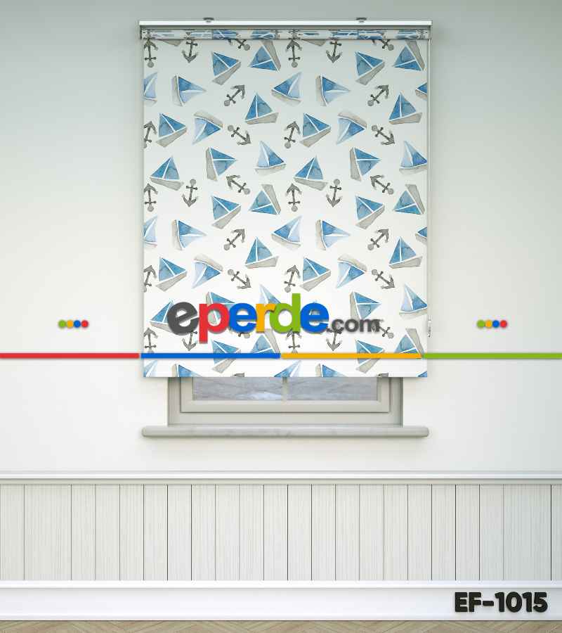 Bebek Odası Stor Perde - Yelkenli Baskılı Stor Perde- Mavi-Gri-Füme-Antrasit-Beyaz