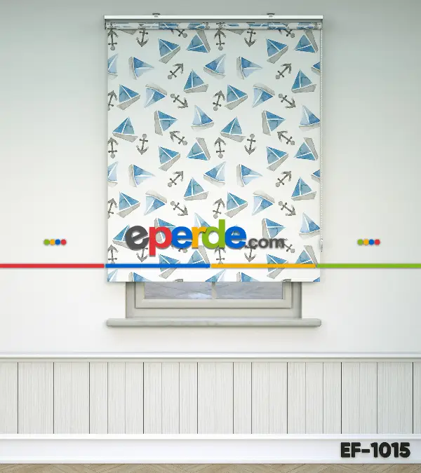 Bebek Odası Stor Perde - Yelkenli Baskılı Stor Perde- Mavi-Gri-Füme-Antrasit-Beyaz