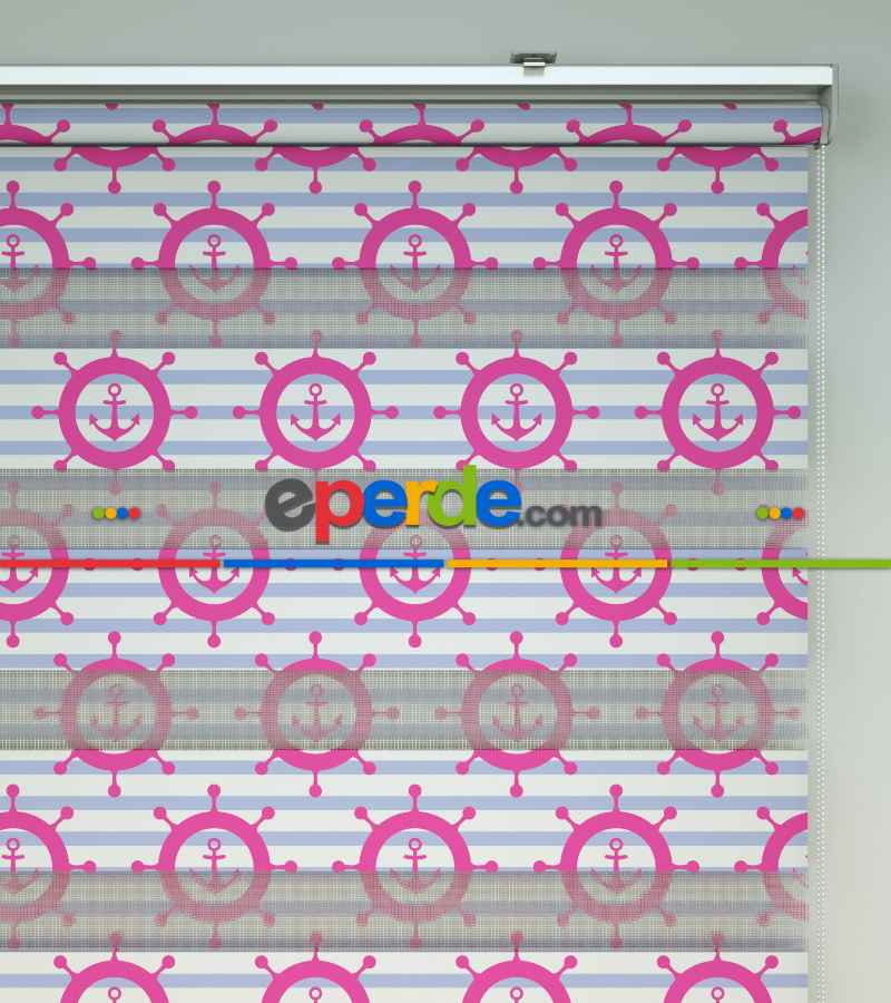 Bebek Odası Zebra Perde - Çapa Baskılı Zebra Perde- Mavi-Beyaz-Pembe