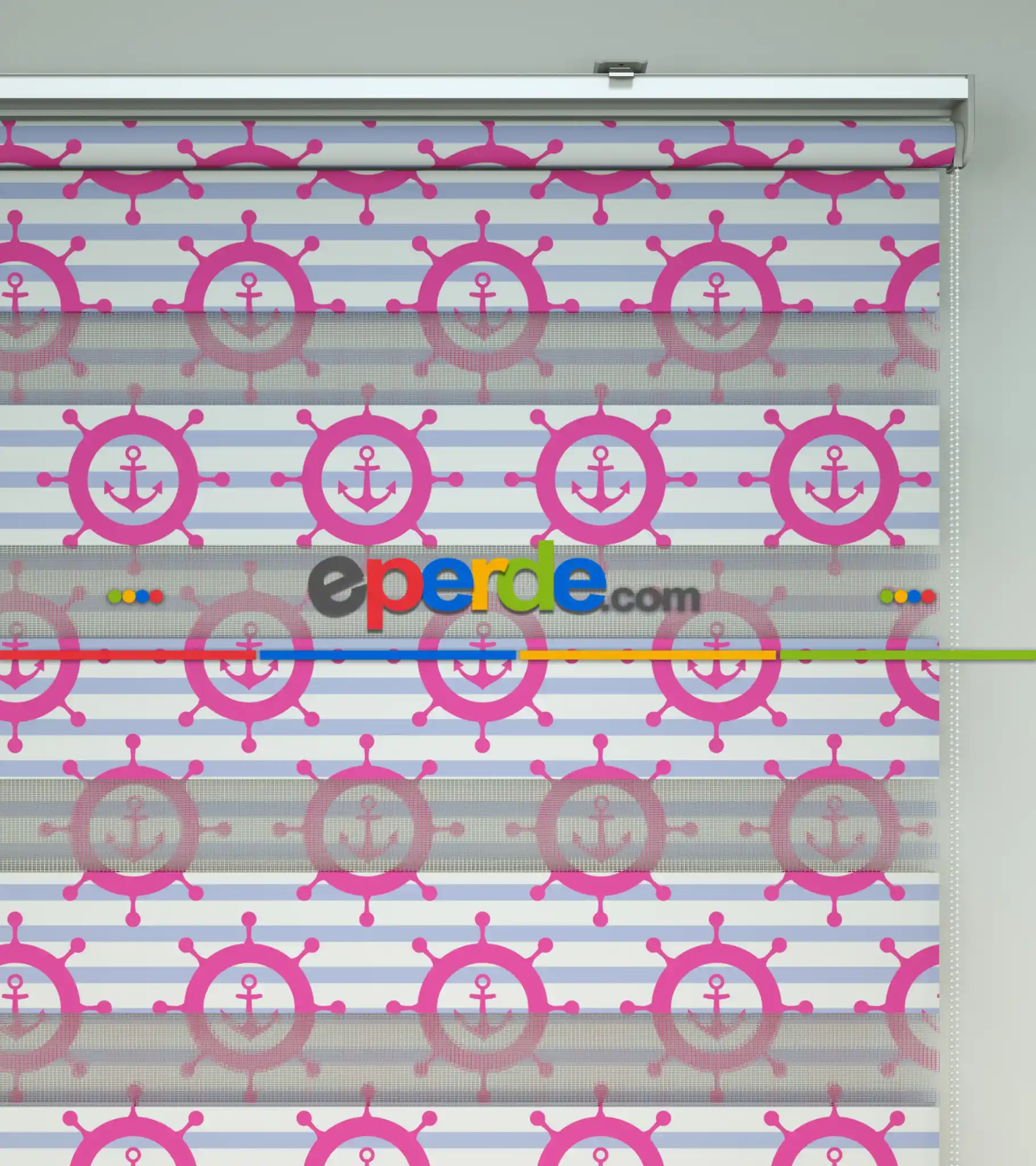 Bebek Odası Zebra Perde - Çapa Baskılı Zebra Perde- Mavi-Beyaz-Pembe