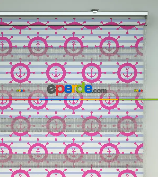 Bebek Odası Zebra Perde - Çapa Baskılı Zebra Perde- Mavi-Beyaz-Pembe