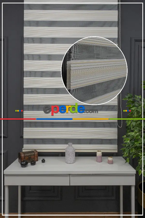 Krem Zebra Perde Gümüş Simli Plise Perde - Renk Geçişli Zebra Perde