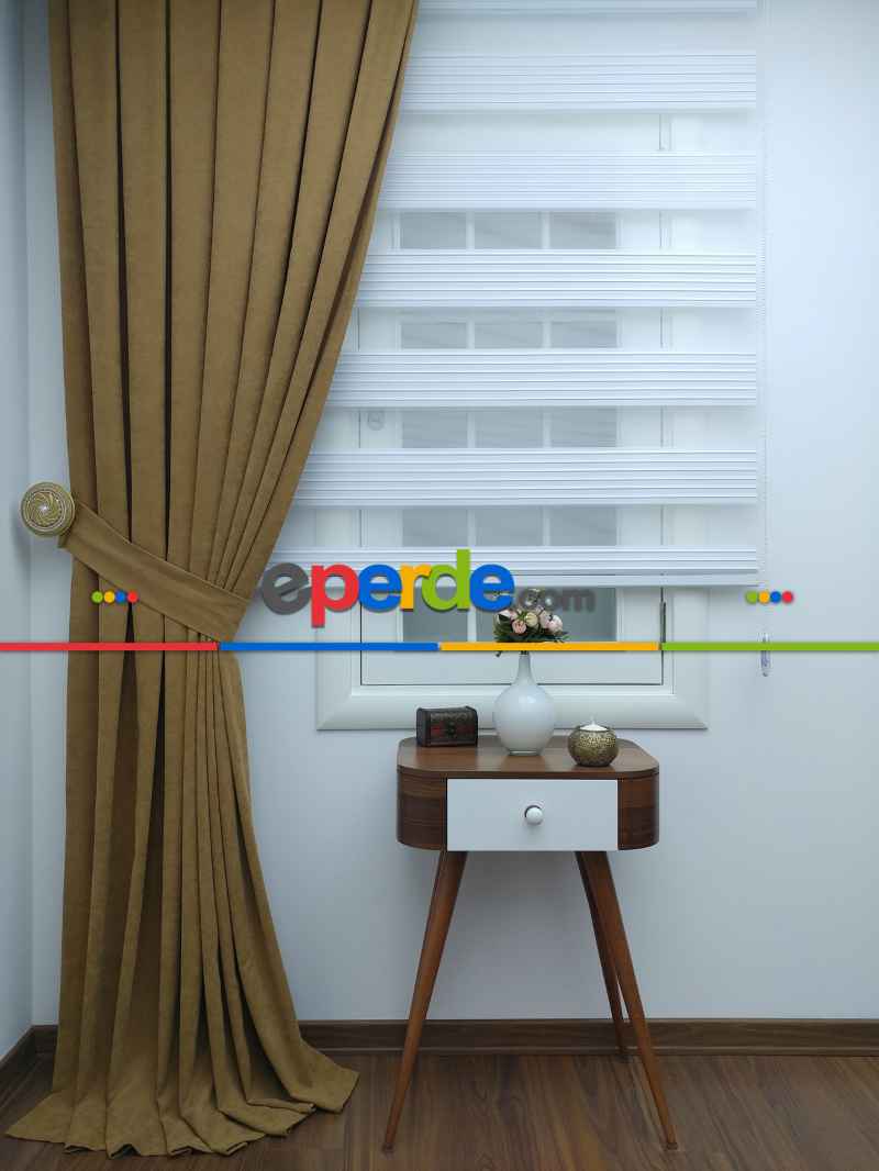 Altın Mat Düz Sade Mutfak Fon Perde Yan Kanat Perdesi- Altın Mat