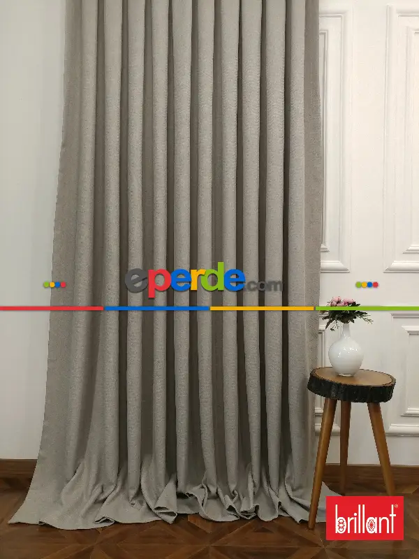 Brillant Keten Açık Gri Renk Düz Fon Perde 180cm- Açık Gri
