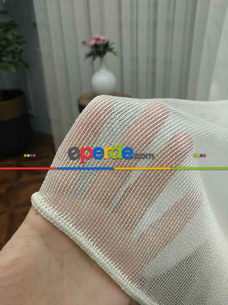 Mutfak - Çizgili Düz Tül Perde - Çelik Tül - Ütü İstemez- Ekru