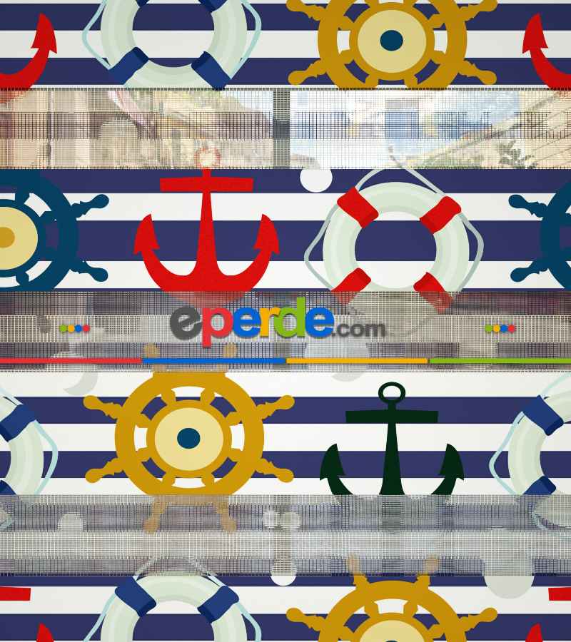 Bebek Odası Zebra Perde - Çapa Baskılı Zebra Perde- Mavi-Kırmızı-Beyaz-Hardal Sarısı