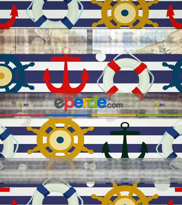 Bebek Odası Zebra Perde - Çapa Baskılı Zebra Perde- Mavi-Kırmızı-Beyaz-Hardal Sarısı