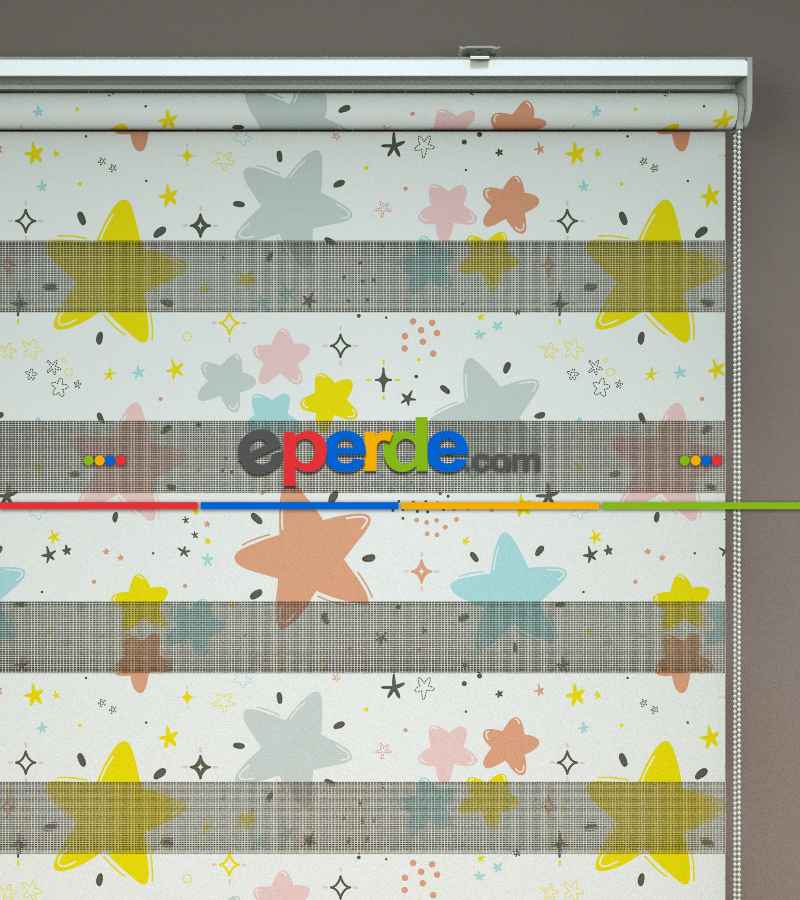 Yıldız Desenli Baskılı Zebra Perde- Çok Renkli