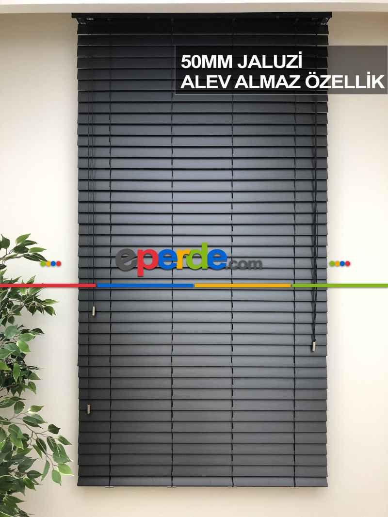 50mm Antrasit Ahşap Efektli Jaluzi Perde Alev Almaz Özellik- Antrasit