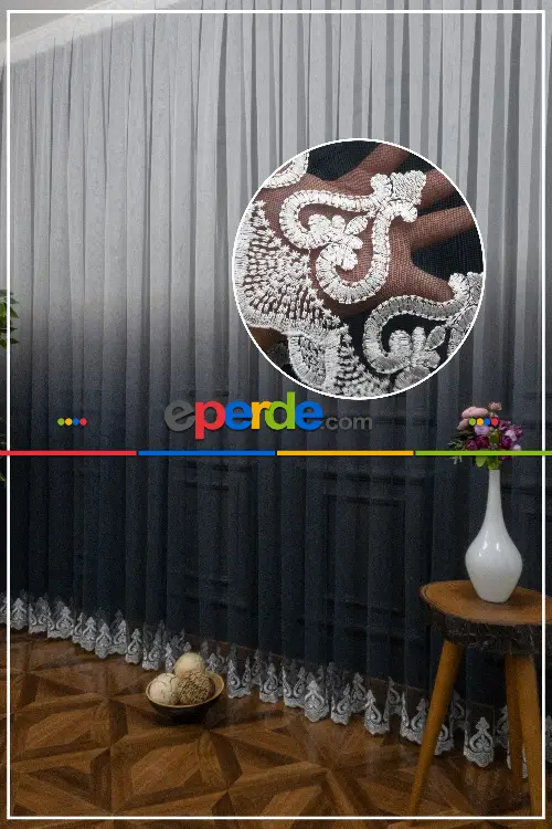 Antrasit Gri Renk Geçişli Etek Nakışlı Degrade Tasarım Tül Perde