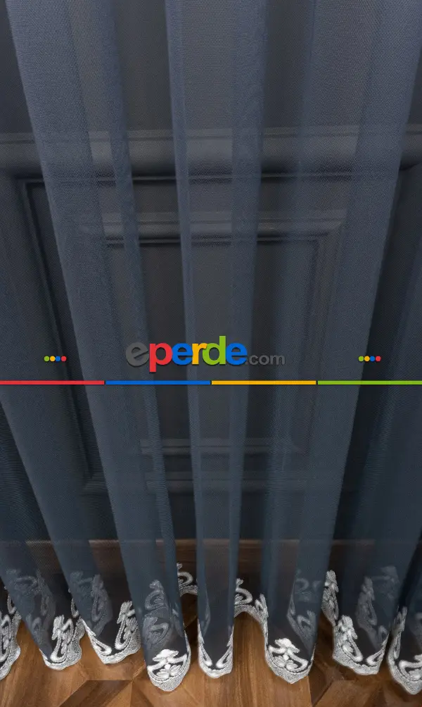 Salon Tül - Koyu Lacivert Renk Etek Nakışlı Geçişli Tül Perde- Petrol Mavisi