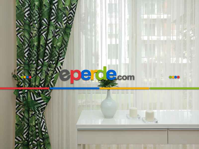 Tropikal Yaprak Desenli Fon Perde - Kumaşı Kalındır Duck Bezi Değildir- Siyah-Yeşil-Beyaz