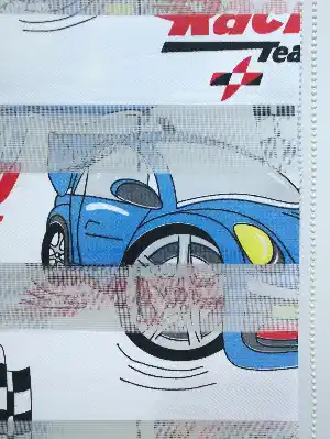 Racing Arabalı Desen Zebra Perde Kırmızı-mavi-siyah- Siyah-Mavi-Kırmızı