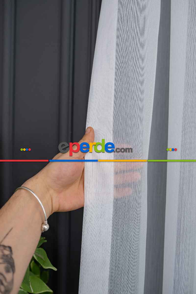 Çizgili Ekru Renkli 1.sınıf Kalite Bambu Tül Perde