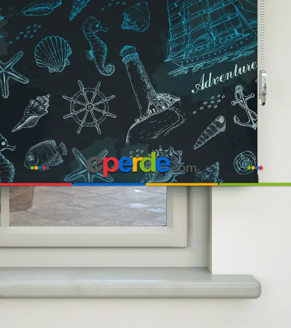 Denizci Desenli Baskılı Stor Perde- Çok Renkli