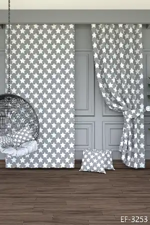 Dökümlü Kumaştan Gri Beyaz Yıldız Desenli Baskılı Fon Perde Geniş En 1. Kalite