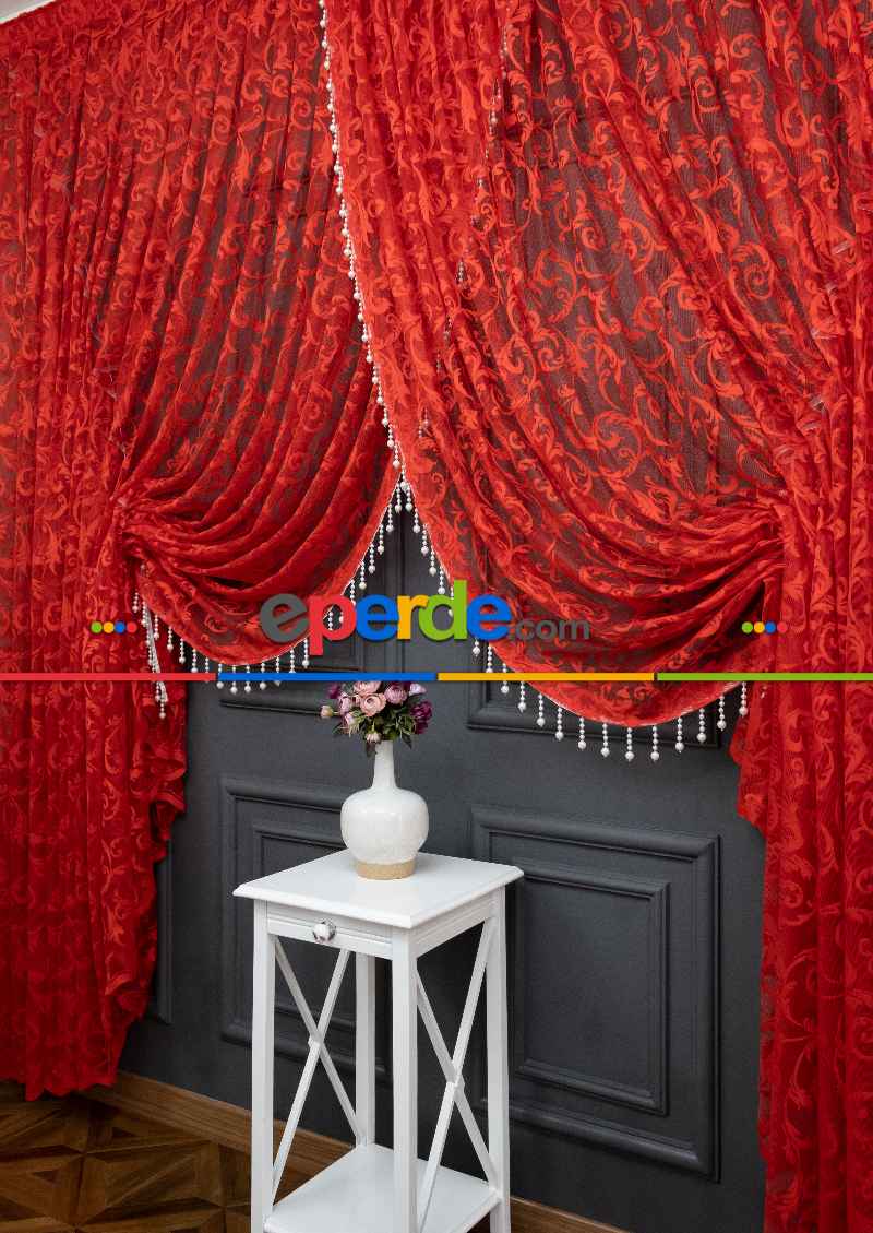 Kırmızı Tül Perde - Sarmaşık Desenli Tül - Kruvaze Model Yanki Tül Perde - Düz Model Seçeneği Var - Örme Tül